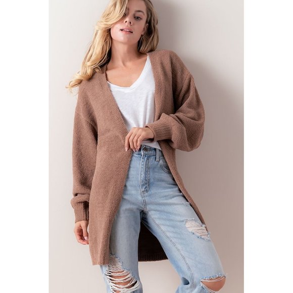 NEW Ultra Soft Bishop Sleeves Long Open Cozy Plush Sweater Cardigan Coco Brown - Picture 5 of 11